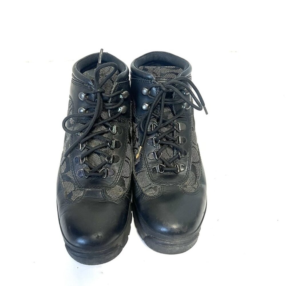 VTG Coach Women’s 7.5 Black Leather Monogram Hiking‎ Boots Chunky Gorpcore Y2K - Picture 2 of 11